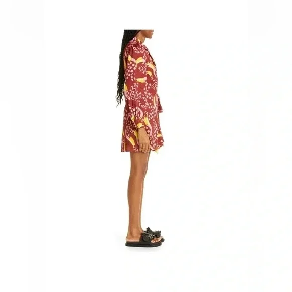 Farm Rio Toucanissimo Long Sleeve Print Wrap Dress Burgundy Size Small